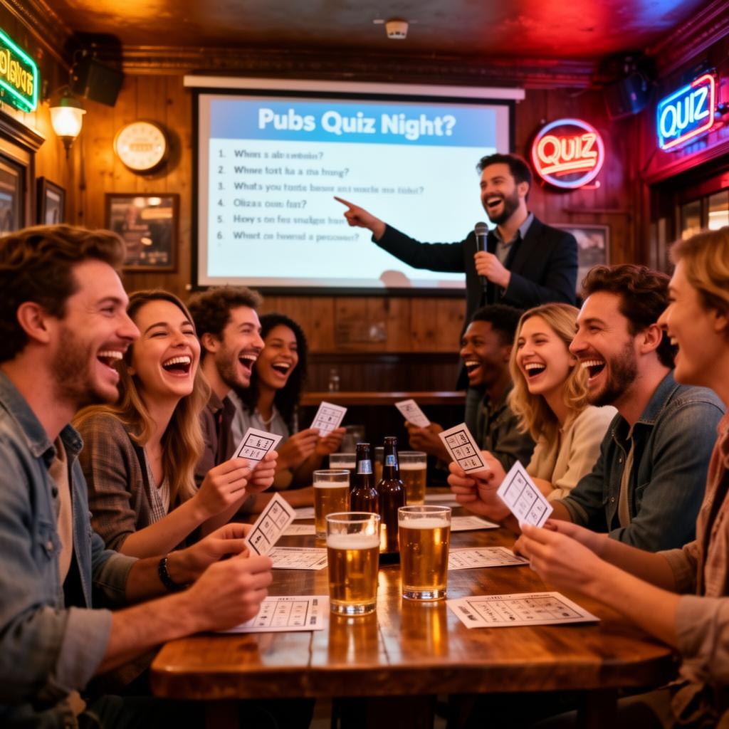 Friends laughing around a pub table playing a live quiz on their phones