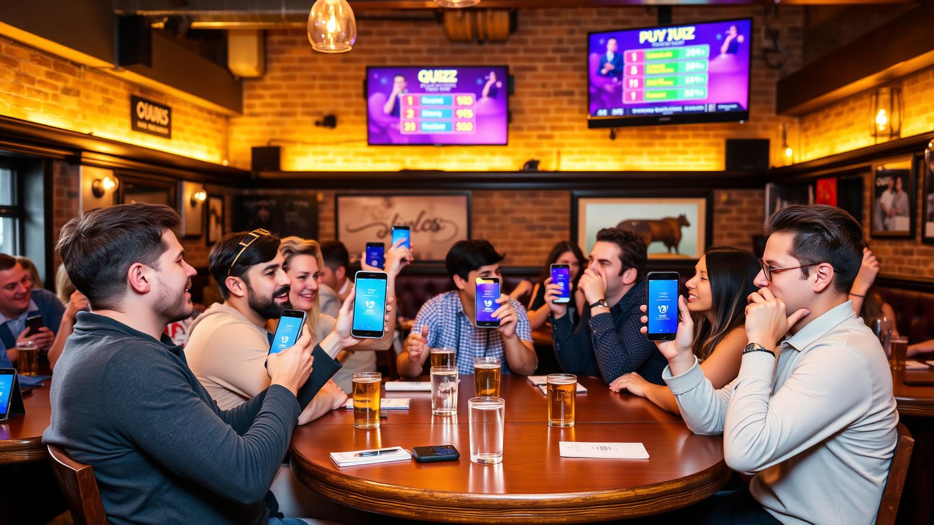 Friends cheering at a live pub quiz with the big screen showing scores