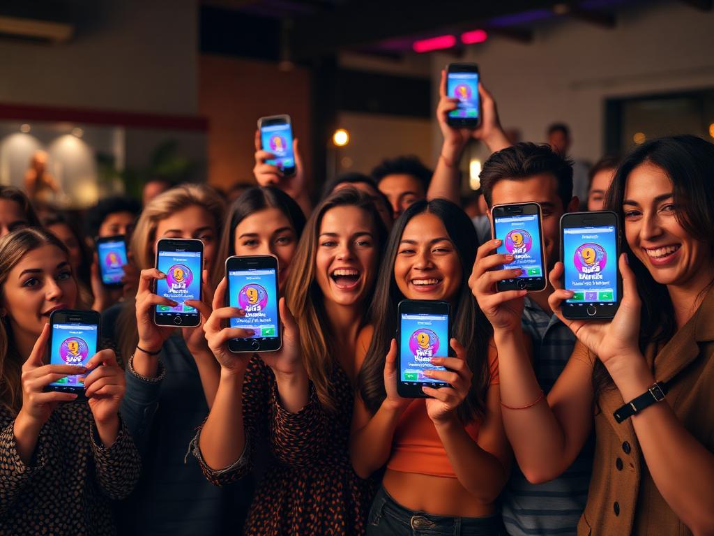Friends playing a quiz together on their phones at a party