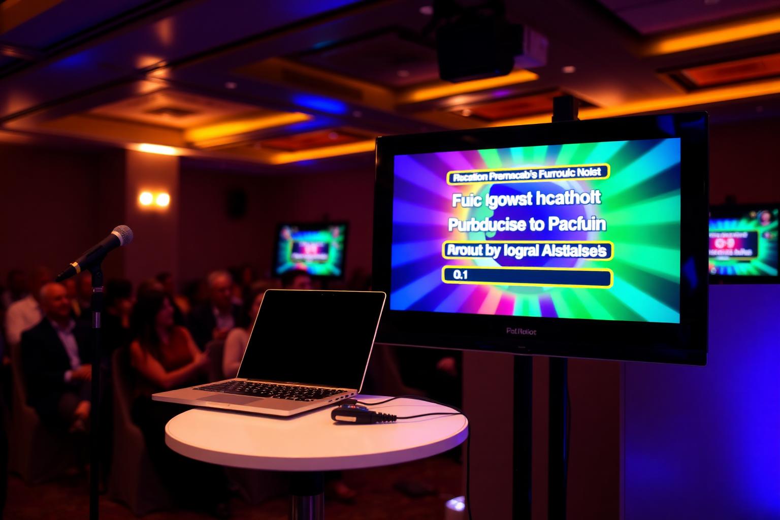 Quiz host's laptop connected to a large screen at a venue